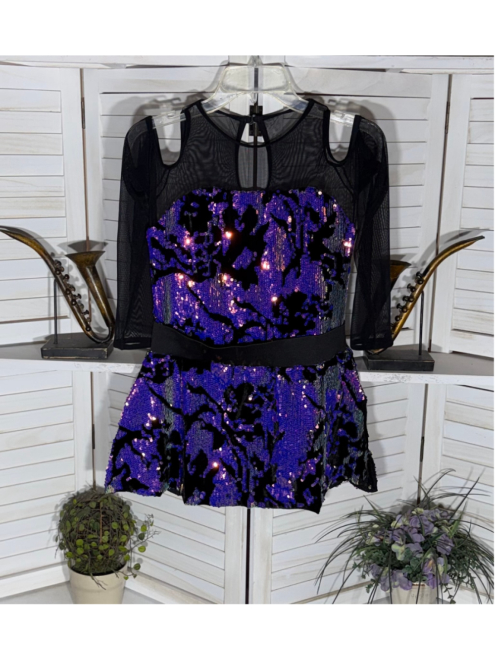Jazz Dancer costume dress beaded sequined mesh cold shoulder bodysuit Halloween